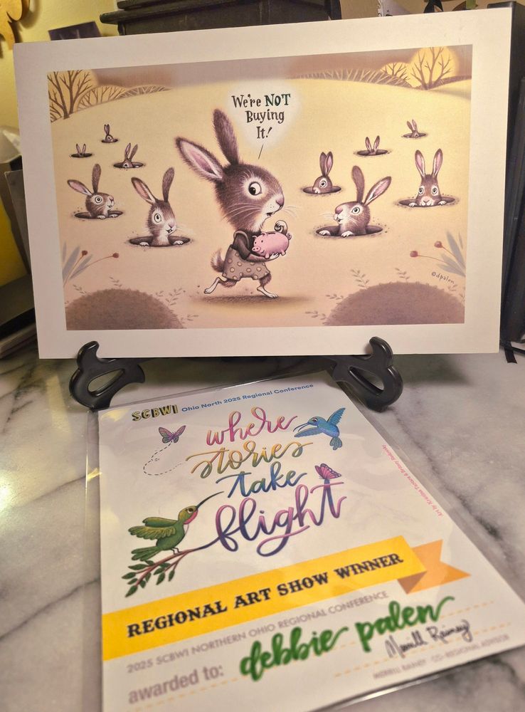 A photo of a print of artwork of bunnies on an easel with an award certificate in front.