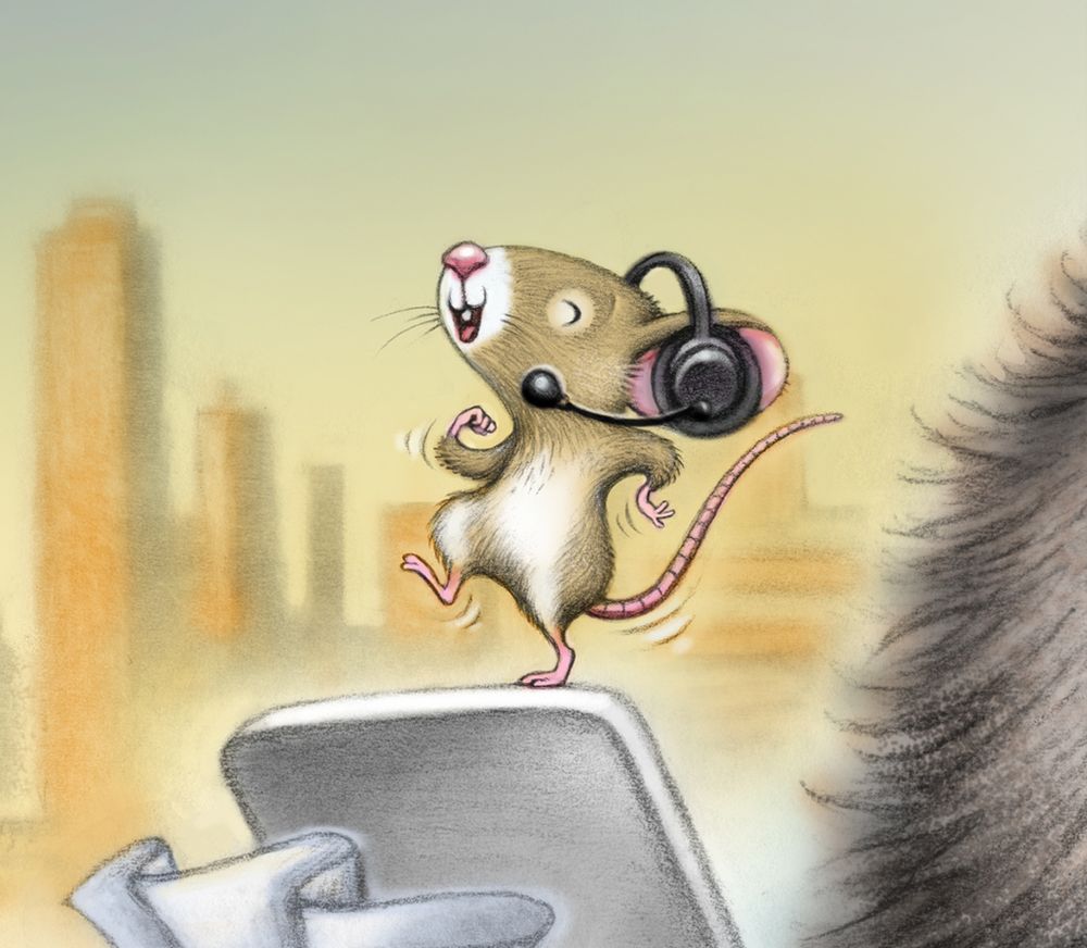 A mouse with headphones is happily dancing