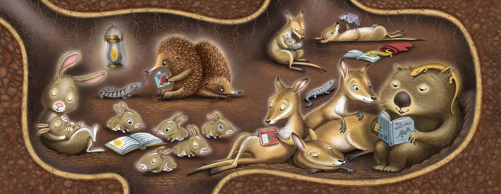  Australian animals inside a wombat's burrow reading books and relaxing.