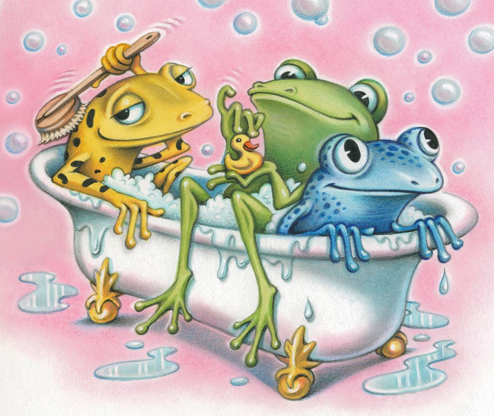  An Illustration of three frogs in a bathtub. One yellow, one green, and one blue. © debbie palen.