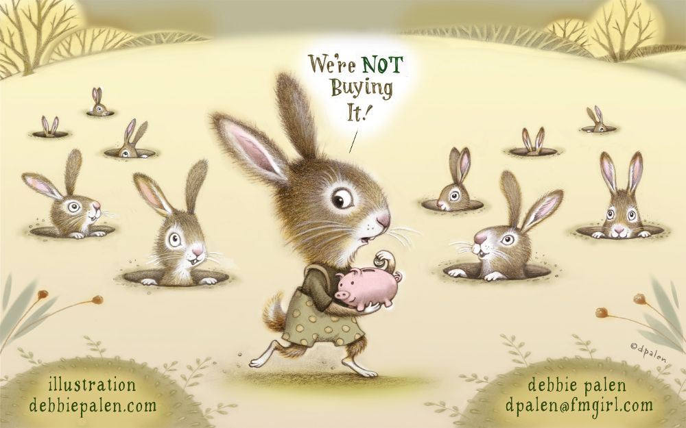 One young rabbit in wearing shorts in the foregraound, carrying a piggybank with ten other bunnies peeking out of their holes behind her.