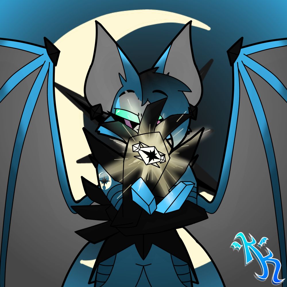 Koda, a Nimbat, in his Team Blackout attire, with blue fur and a black, crystalline outfit reminiscent of Dawn Wings Necrozma. He is holding a pose with his legs a two shoulder-widths apart, his left arm bent at the elbow in front of him with his fingers splayed, and his right elbow resting on his left forearm with his right hand in front of his face. His forefinger, middle finger, and thumb are splayed, meant to mimic the shape of the crescent moon with Necrozma's crystal in front of it.