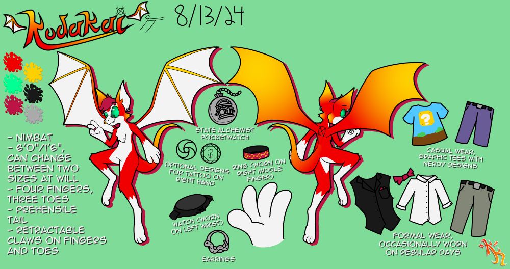 Koda's (my fursona's) reference sheet, displaying them from the front and back and several accessories, including their usual clothing, watch, ring, earrings, and tattoo. Information in the left panel reads "NIMBAT; 6'0"/1'6", CAN CHANGE BETWEEN TWO SIZES AT WILL; FOUR FINGERS, THREE TOES; PREHENSILE TAIL; RETRACTABLE CLAWS ON FINGERS AND TOES". Color swatches above the sidebar show the shades of red, white, gold, maroon, black, green, and silver that make up their design. The sheet is dated 8/13/24 (MM/DD/YY).