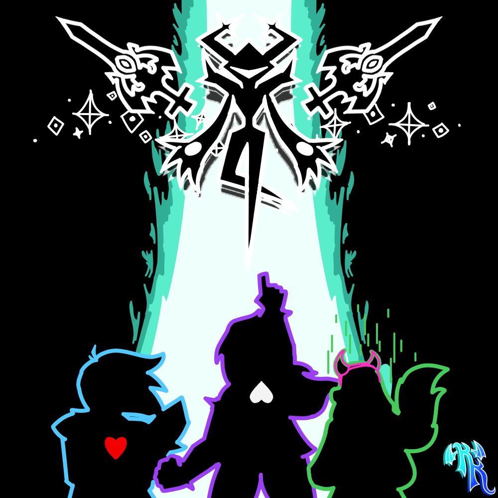 A digital drawing on a black background. A tall, pulsating Dark Fountain shoots up from the center, colored blue with a white center and meant to echo the fountain from Chapter 4 and the file select screen. Colored silhouettes of DELTARUNE characters are present; a blue silhouette of Kris brandishing their sword in the bottom right, a purple silhouette of Susie pointing defiantly in the bottom center, a green silhouette of Ralsei performing a healing spell in the bottom right, and the Roaring Knight posing tauntingly in the top center. Two of the Knight's blades are positioned behind them at diagonals, sparkles behind them implying they are about to create a Dark Fountain. Kris, Susie, and Ralsei have aspects of their designs picked out in other colors; the player's red SOUL inside Kris is in the center of their chest, Susie's white upside-down monster soul in the center of hers, and Ralsei's horns are picked out in a faded red meant to resemble a devil-horn headband. The overall layout of the image resembles the DELTA RUNE, the Knight and its swords representing the winged circle and the heroes representing the three triangles.
