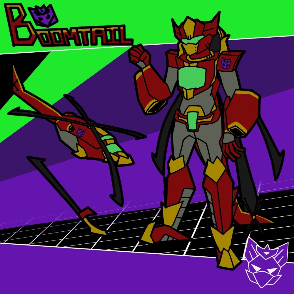 A reference image of an original Transformers character. Drawn in a style similar to Transformers animated, the background is black with purple and green stripes with grid lines. The character, Boomtail, is a dark red and gold Decepticon with green cockpit and visor, transforming into an attack helicopter. The bare metal is a deep gray, their head sculpt looking similar to Soundwave from Transformers: Earthspark. In robot mode, the rotors hang off their back like wings, able to be used as swords, and the boom hangs from their waist like a tail.