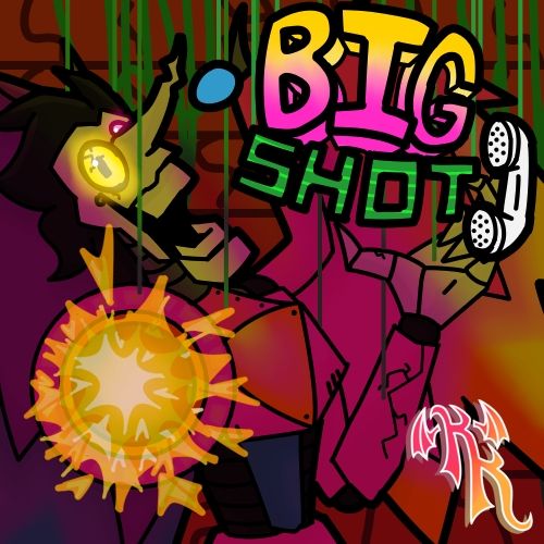 An album-cover style image of Spamton NEO from Deltarune Chapter 2 against a dingy brick backdrop. Aiming his cannon arm at the viewer, he cackles maniacally, strings still attacked as his eyes gleam through his cracked glasses. The BIG SHOT logo in the upper right corner is also hanging by strings, a white phone handset and a pipis framing either side. The image is cloaked in a deep pink and yellow hue.