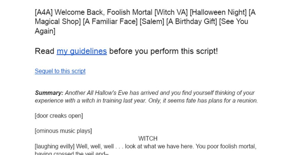 [A4A] Welcome Back, Foolish Mortal [Witch VA] [Halloween Night] [A Magical Shop] [A Familiar Face]