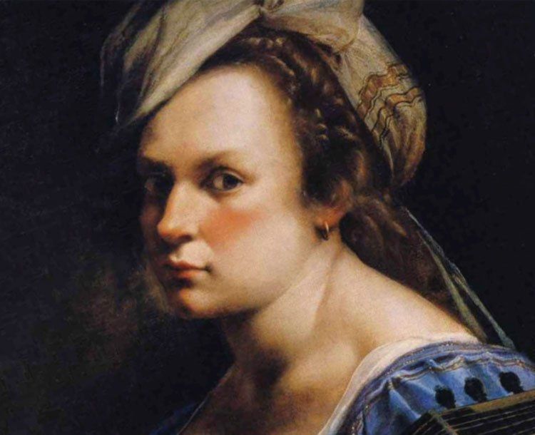 Painting detail featuring the head and shoulders of a white woman facing left with head turned to look outwards, she wears a turban style hat and a blue dress
