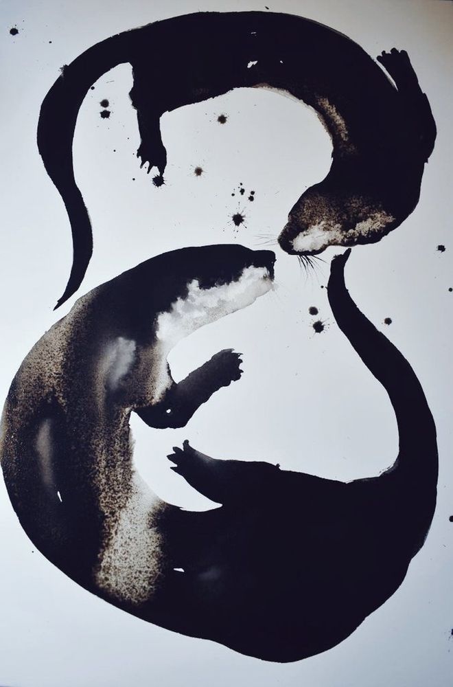 Ink painting of two otters as if swimming with curling bodies, playflully, one above the other 