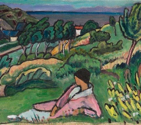 Painting of a woman lying on grass on a slope in  a pretty rural landscape of trees and fields with the sea in the distance