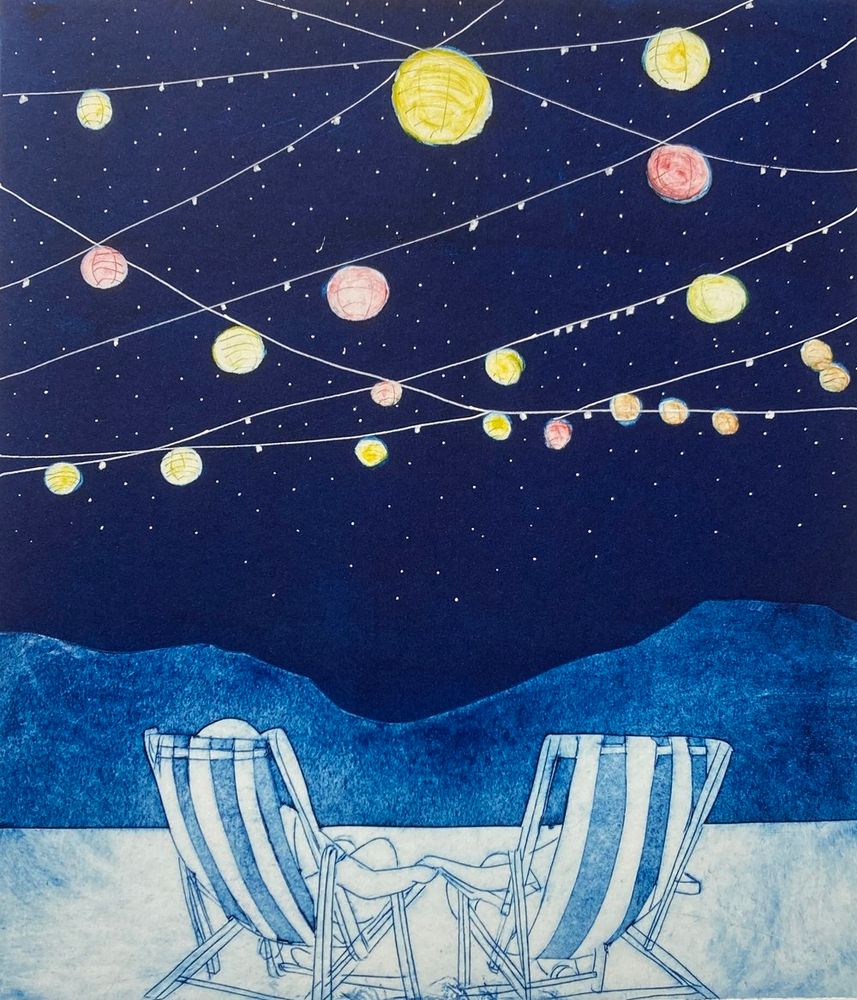 Print featuring two people with bacjs tovtbe viewer sitting in deck chairs holding hands under a star filled sky and illuminated paper lanterns 