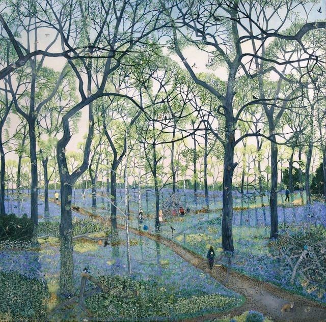 Painting featuring a woodland scene with bluebell flowers covering much of the ground and a path with small figures