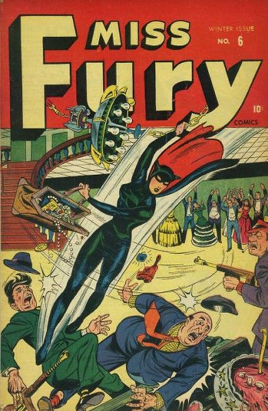Front cover of a comic with artwork of a white female action hero in dark catsuit as she swings into action swooping down and knocking out the figues below her, all in vivid colours