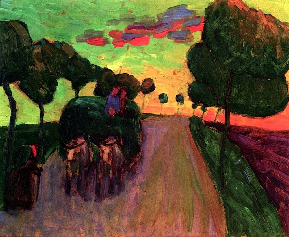 Painting with vivid colours of a horse-drawn hay wagon on a tree lined road at dawn or sunset