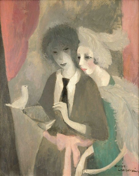 Stylised painting featuring two standing female subjects facing left looking at a dove