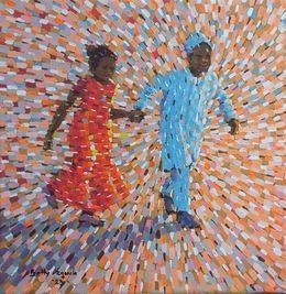 Painting created with dashes of paint suggesting movement and featuring a girl in a red dress holding hands and walking with a boy dressed in pale blue 