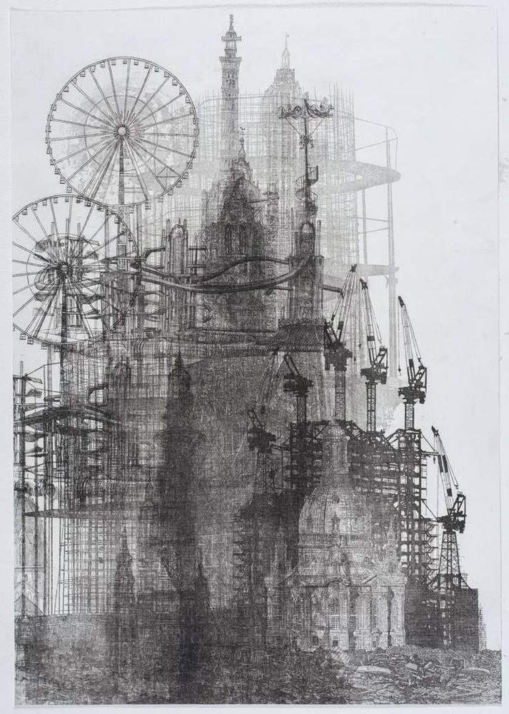 Print of a stylised cityscape with merging dark spires and towers 