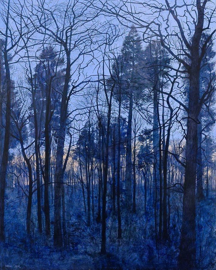 Painting of a woodland in dim light looking through a number of tall trees on a dark blue forest floor towards a horizon of gold and pale blue