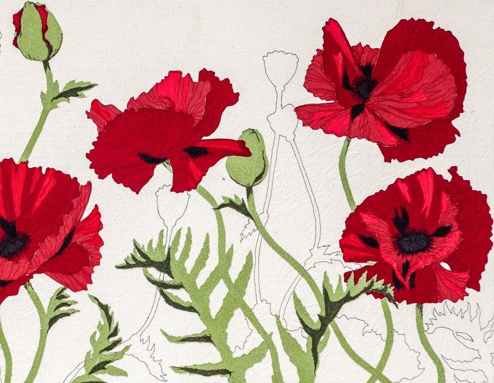 Textile art with four poppy blossoms on green stems and with feathered leaves, all on a cream background 