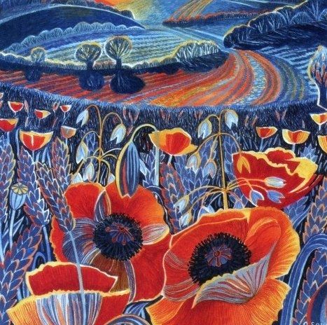 Print in blues and reds of a rural landscape with poppies in the foreground and fields and hedges in the background in early morning light