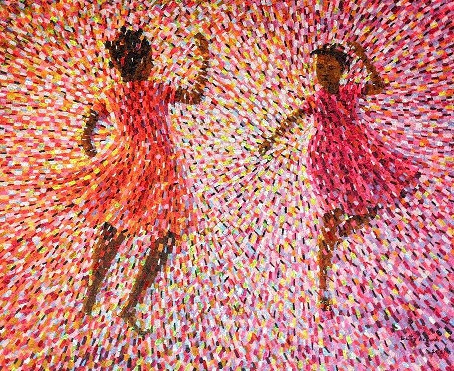 Painting created with small dashes of vivid volour depicting two young Black girls dancing in pinky orange dresses