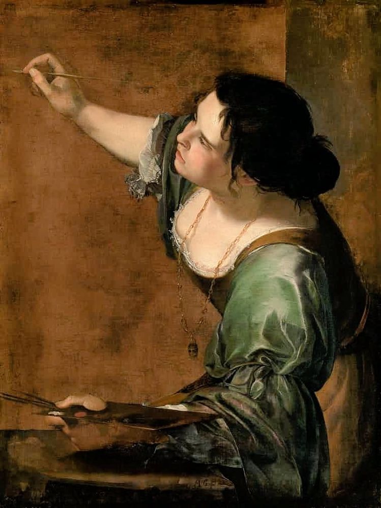 Painting of the upper half of a white woman in the act of painting, on the right facing left. The figure, wearing a green silk dress and dark hair tied back, leans down, tilting her head, with right arm raised holding a paintbrush, her left hand holds a painter's palette. The background is a warm brown 