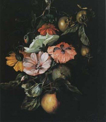 Painting featuring a bouquet of flowers against a dark background 