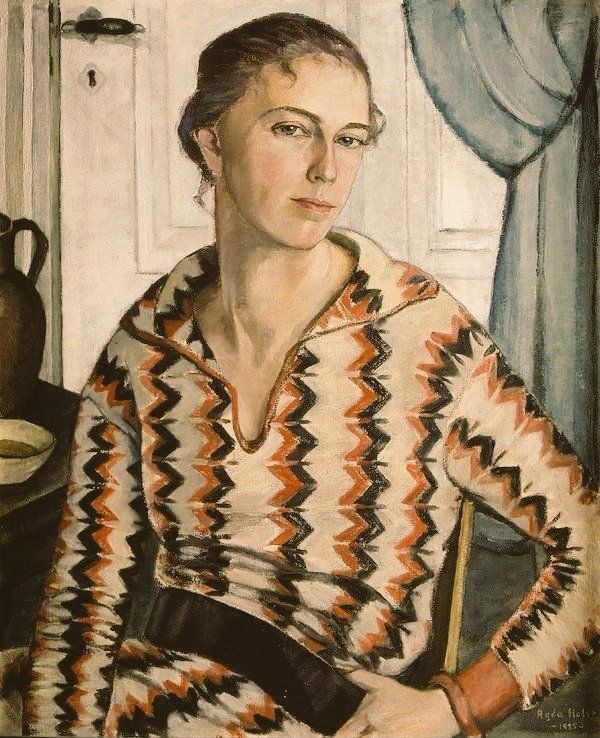 Painting featuring a sitting white woman, upper half facing forwards wearing a dress with zig zag pattern in an interior space 