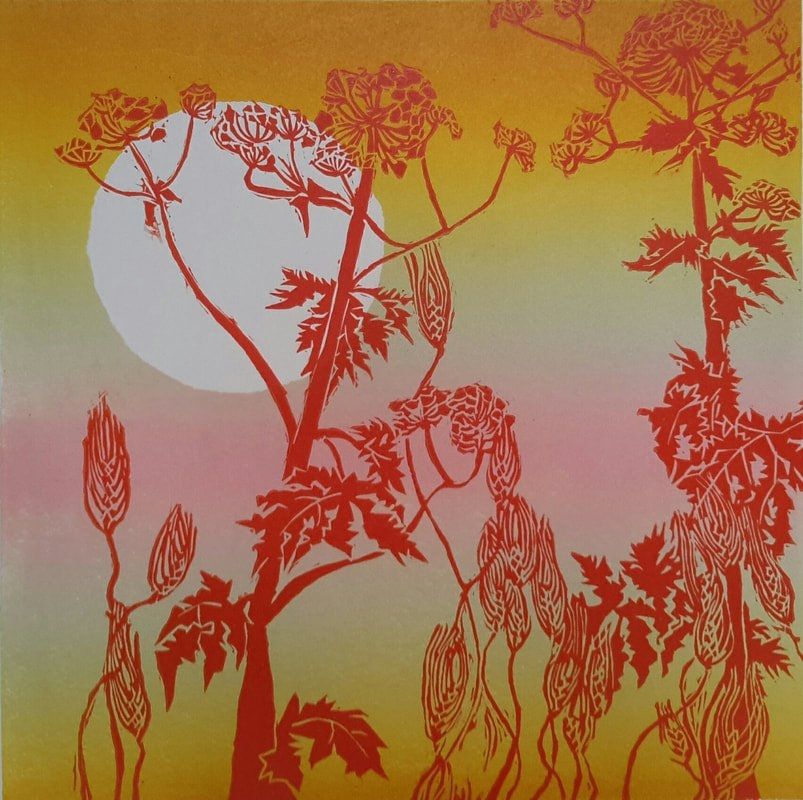 Print featuring red silhouettes of tall summer plants against a large full moon in a golden sky