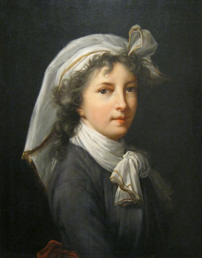 Painting featuring the head and shoulders of a white woman facing right looking outwards, wearing a scarf like hat and scarf on her neck