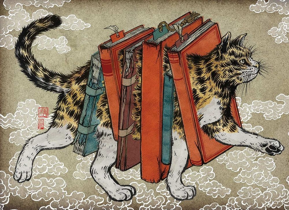 Artwork featuring a tabby cat as if walking in clouds to the right, with body through a number of books
