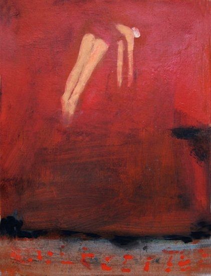 Painting of a woman swimmer diving as if from a height against a red background 