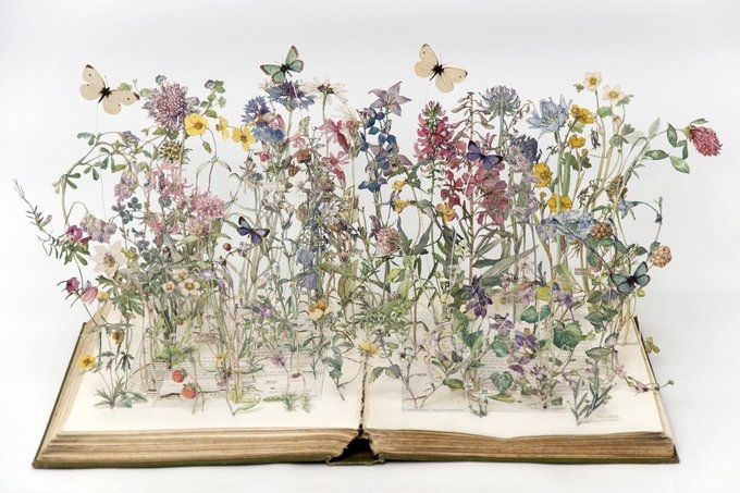 Artwork with open book with paper meadow flowers and butterflies