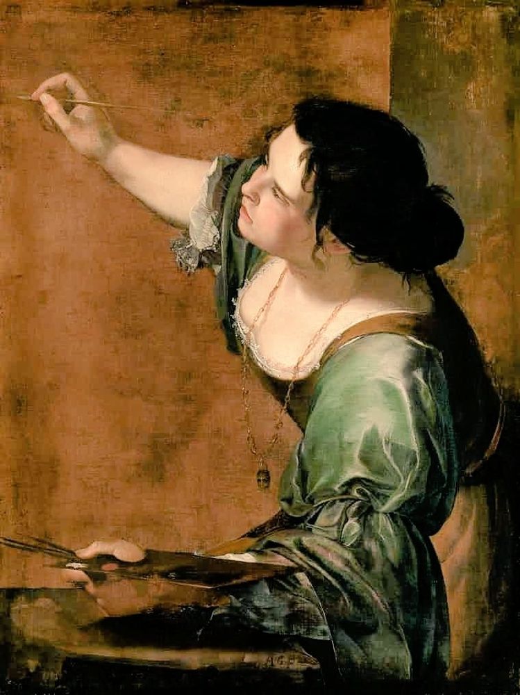 Painting of a white womanwith dark hair in a green dress facing left in the act of busily painting holding a palette and brush