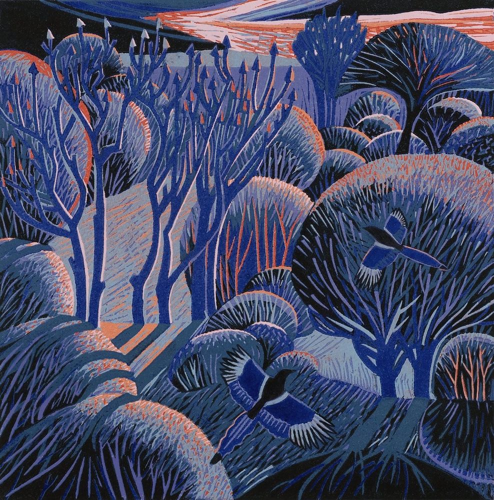 Print looking down on a woodland scene at dawn with blues and orange light on differently shaped trees over which a magpie flies 