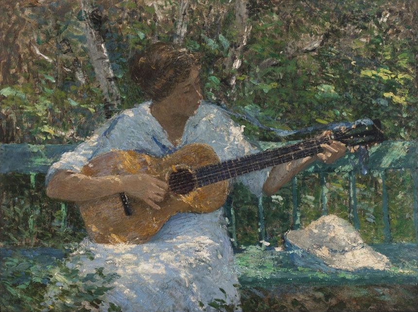 Painting of white woman sitting on a blue garden bench facing forwards dressed in a white dress playing an acoustic guitar in dappled sunlight