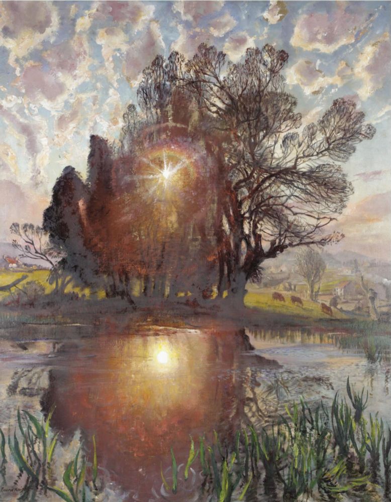 Landscape painting with a setting sun behind a small group of trees on a riverbank