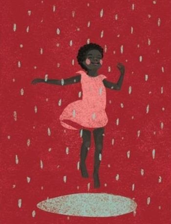 Illustration featuring a young Black girl gleefully jumping in raindrops