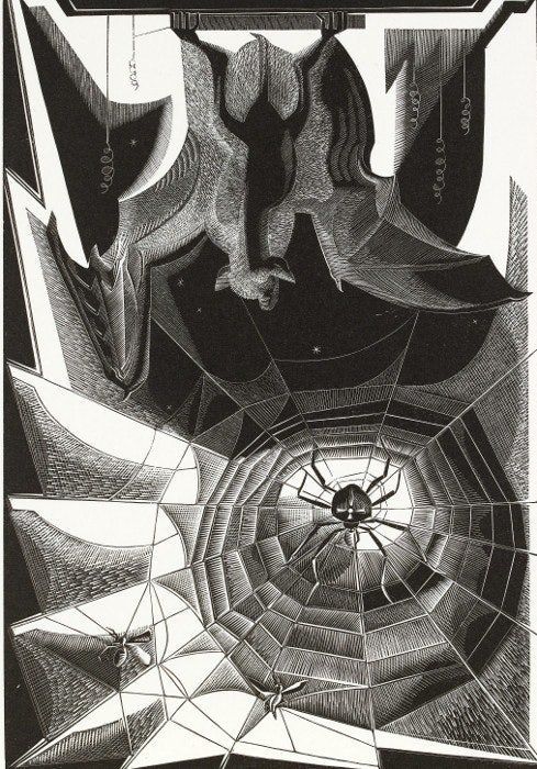 Print in black and white featuring a bat hanging upside-down above a spider on a web
