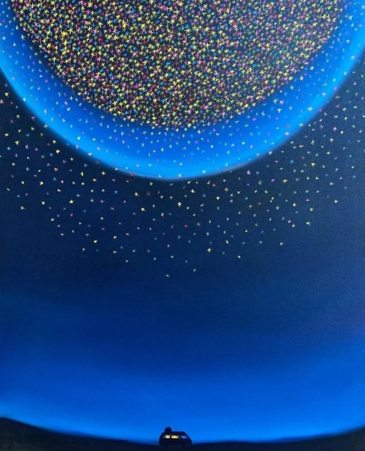 Painting with vast deep blue night sky and half circle of multicoloured stars over a tiny camper van with yellow lit windows on a sloping horizon in black silhouette 