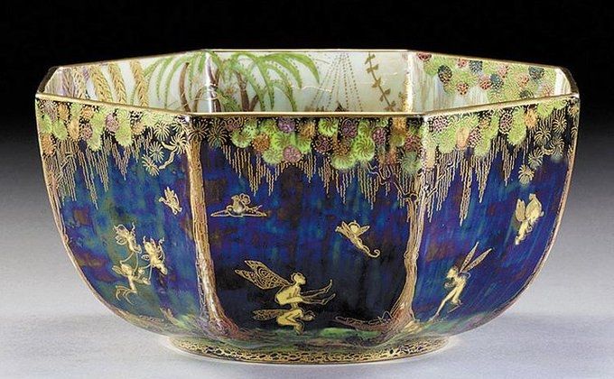 Ceramic bowl with decoration of images of fairies in a woodland