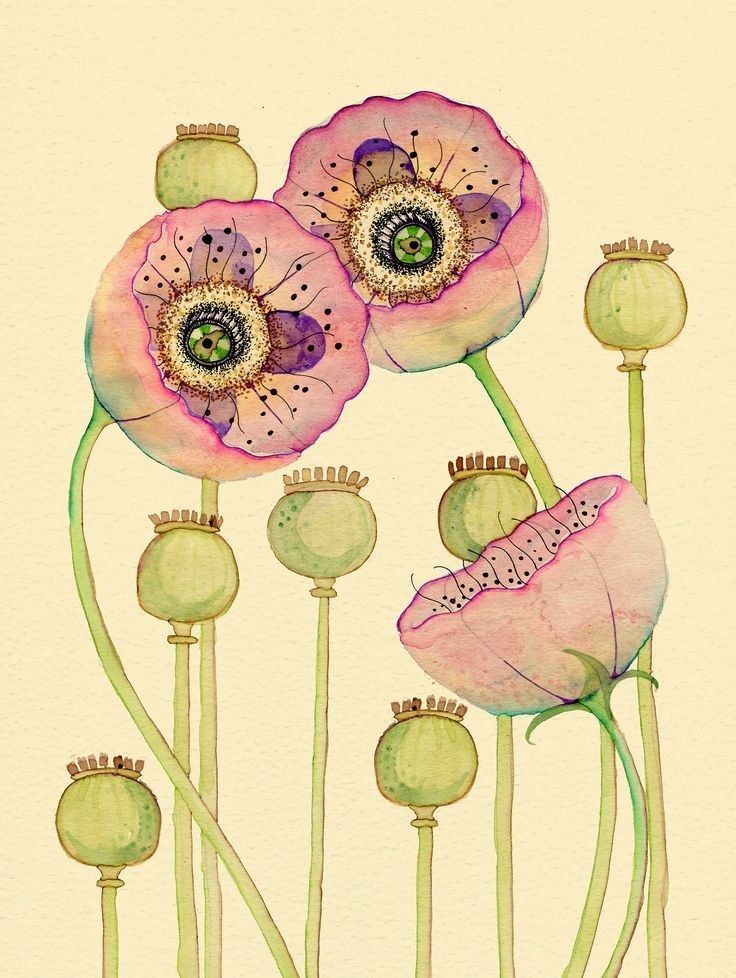 Painting of stylised pink poppies and seedheads on stems
