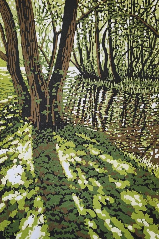 Print featuring a lush green woodland scene with dappled bright sunlight and reflections on a stream to the right