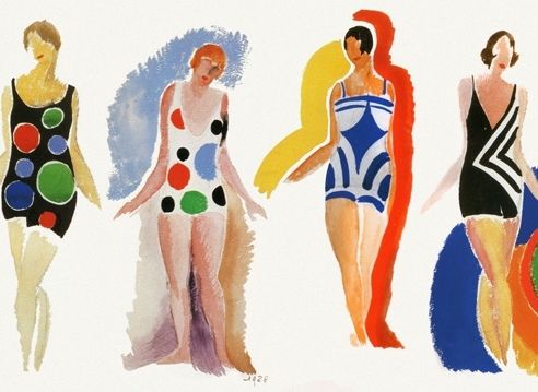 Painting of four white female figures in different coloured and patterned swimsuits