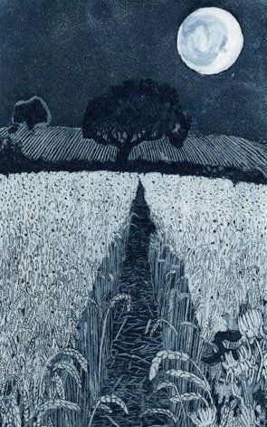 Print featuring a night scene with a central path through a wheat field leading to a hedgerow and tree under a full moon