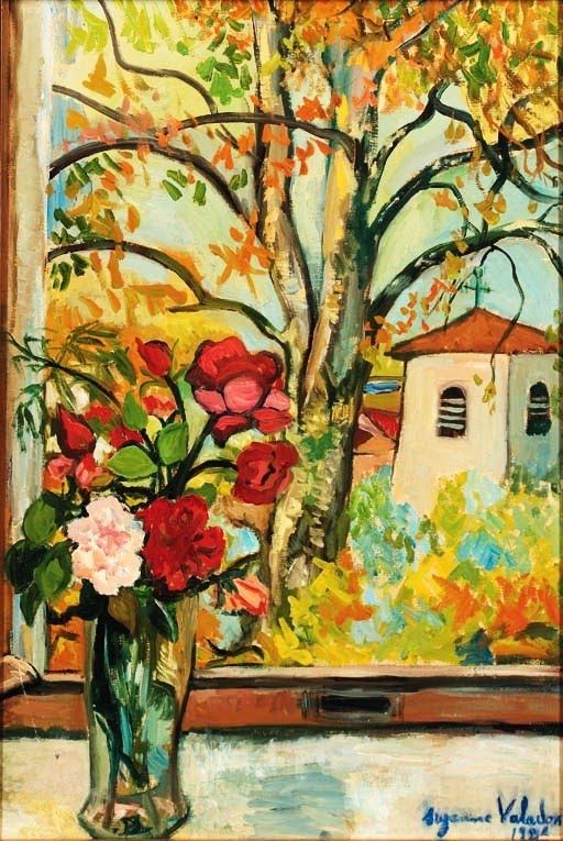 Painting looking through a window out to a garden scene with a tree and white small building with an orange tile roof on a sunny day