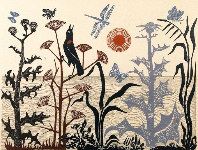 Print featuring a shoreline with plants, a blackbird and insects in silhouette in front of sea and a glowing red sun
