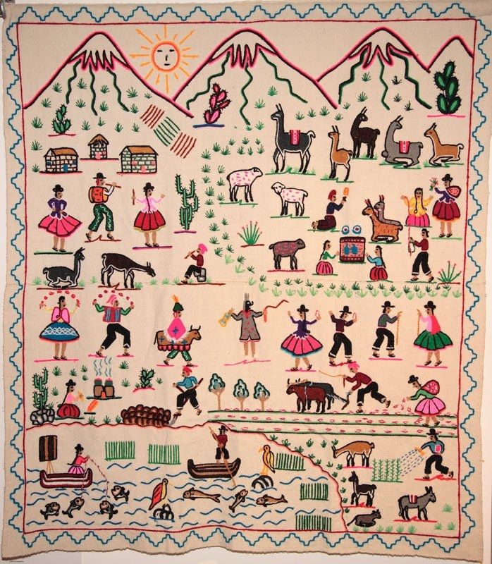 Embroidery with figures in axtivities such as fishing and farming
