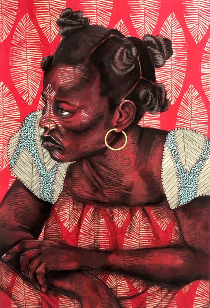 Print in colour featuring the upoer half of a sitting Black woman with arns resting on her lap, facing forwards and looking left in a patterned red and white dress