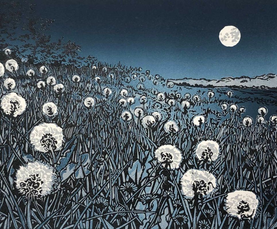 Print of a field at night with plants with circular white seedheads under a full moon in a dark sky